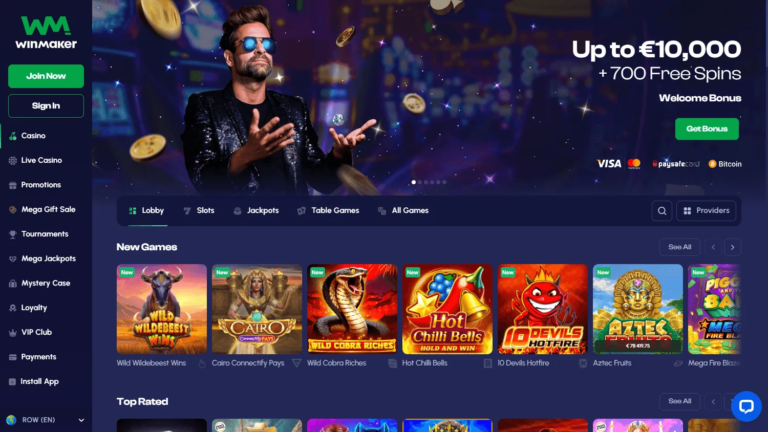 Winmaker Casino homepage on a desktop device