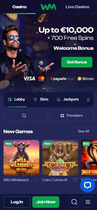 Winmaker Casino homepage on a mobile device